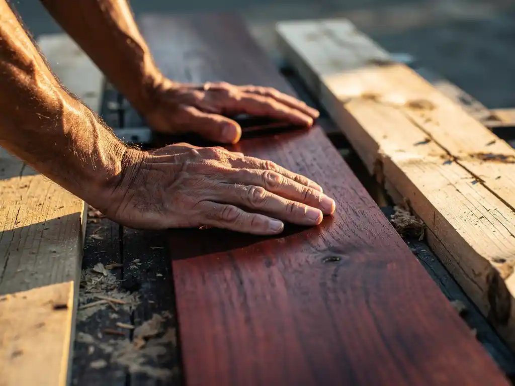 Verweerde handen van een vakman op een donker Azobé hardhouten plank, omringd door gebarsten goedkoper hout in warm middaglicht.