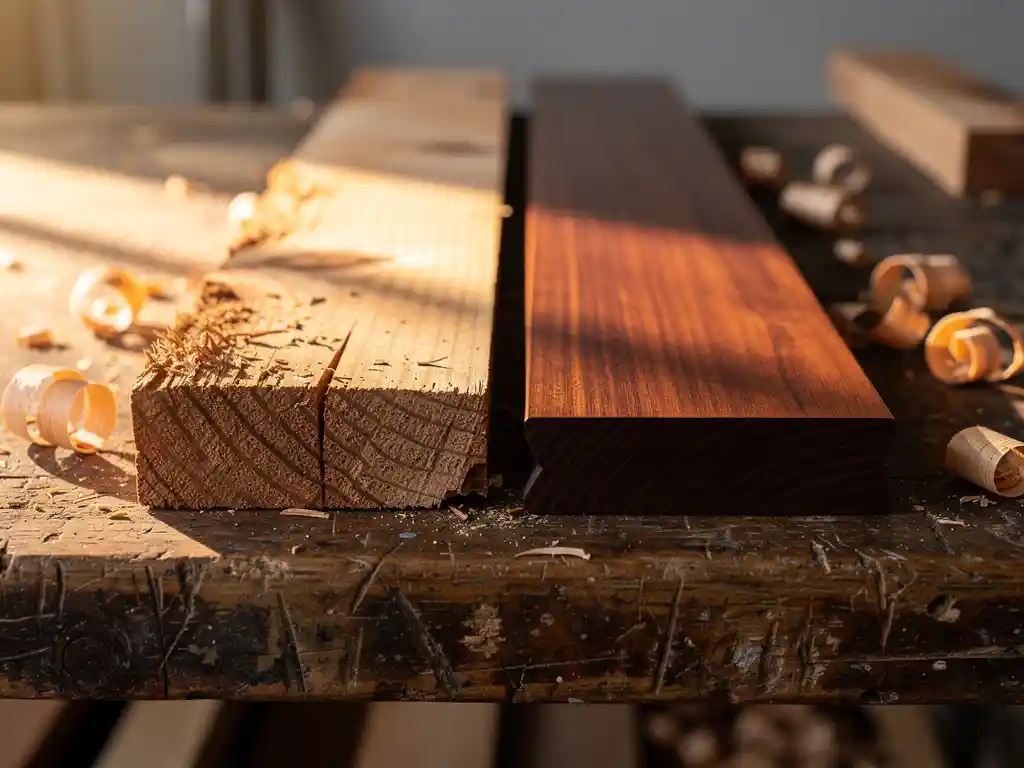Ruw constructiehout en glad afgewerkte hardhouten plank op een verweerde zaagtafel, omgeven door zaagsel en houtsnippers.