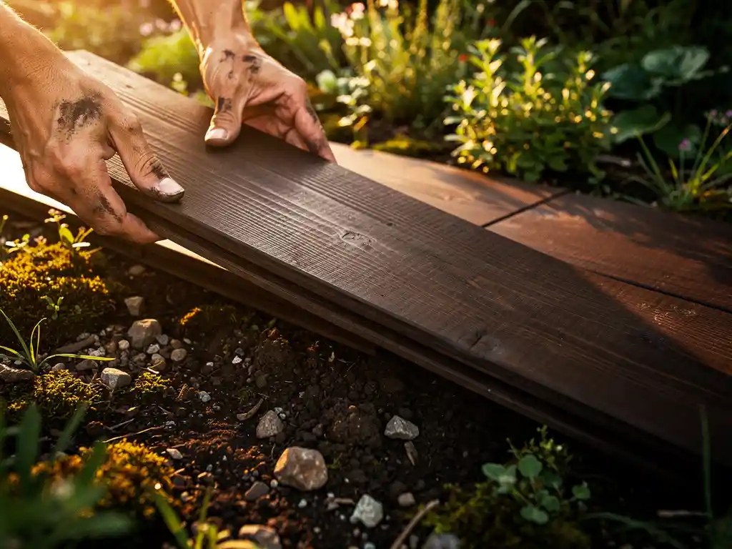 Verweerde handen plaatsen een donker hardhouten plank op tuingrond, omringd door mos, grind en groen in warm middagzonlicht.