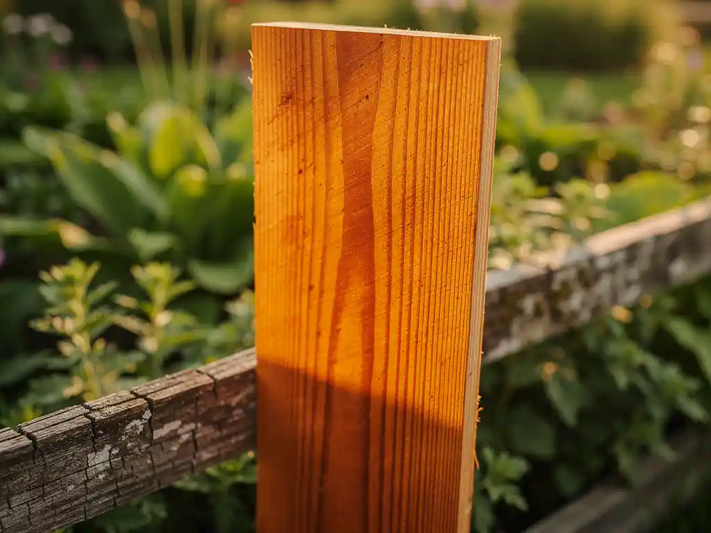 Vers gezaagde douglas plank met warme amberkleurige houtnerf, leunend tegen een verweerde tuinpaal in zacht middagzonlicht.