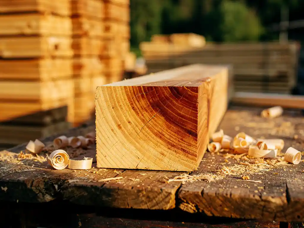 Vers gezaagde douglas fir balk op een houten werkbank, met roodbruine houtnerf en zaagsel in warm middaglicht.
