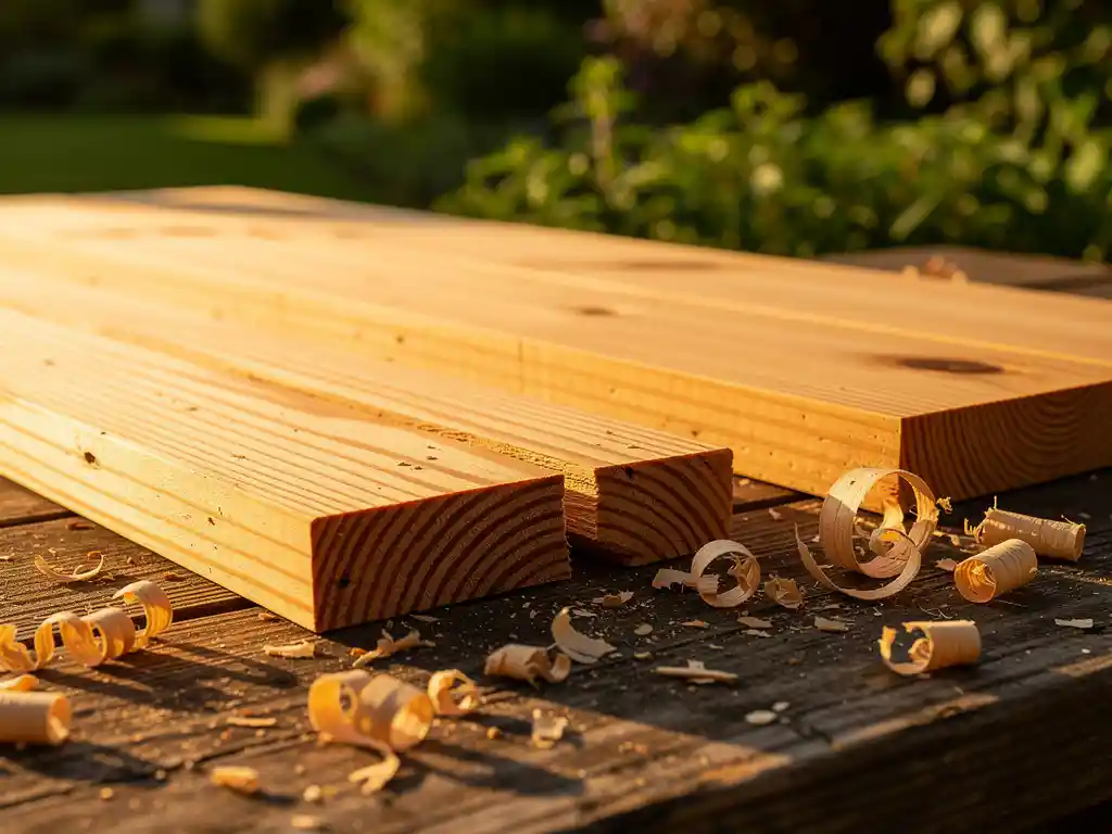 Douglas spar en sparren plank op verweerde werkbank in tuin, met zichtbare houtnerf en krullen in warm middaglicht.