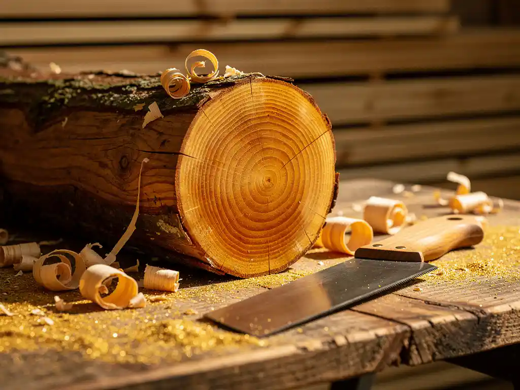 Doorgezaagde Douglas spar boomstam met zichtbare jaarringen op verweerde werkbank, handsaw en houtkrullen in warm amberkleurig middaglicht.
