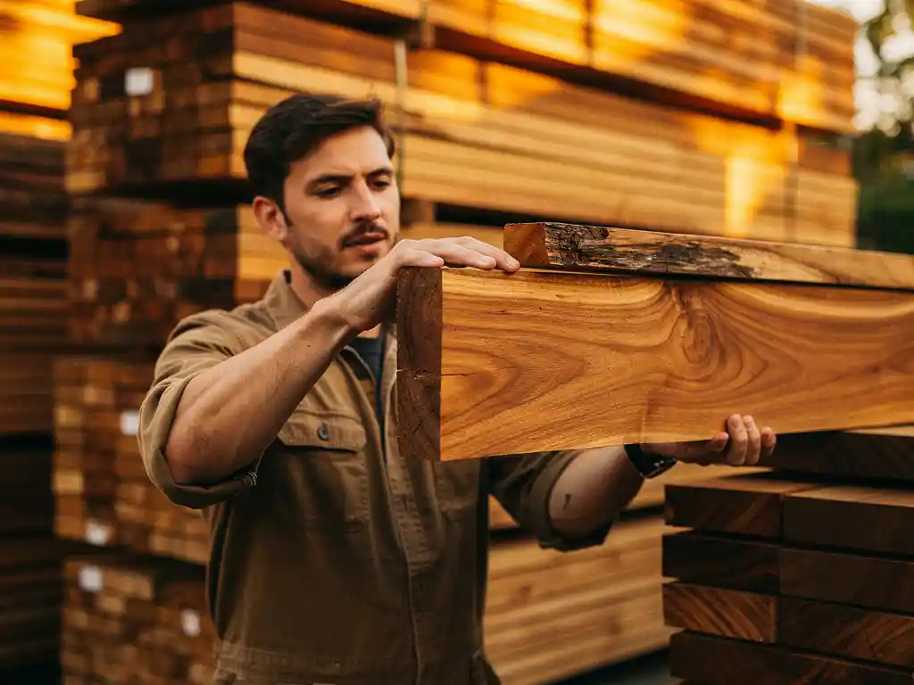 Klant betast de nerf van een dikke tropisch hardhout plank in een warme houthandel, omringd door gestapelde planken.