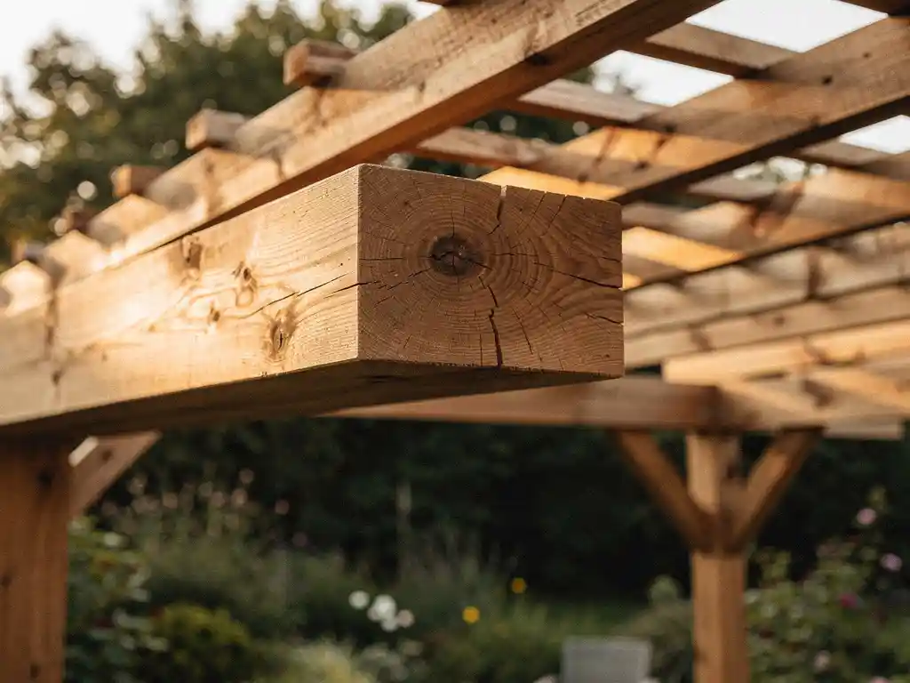 Massieve eikenhouten balk van een rustieke pergola, met zichtbare houtnerf en natuurlijke kwesten in warm middaglicht.