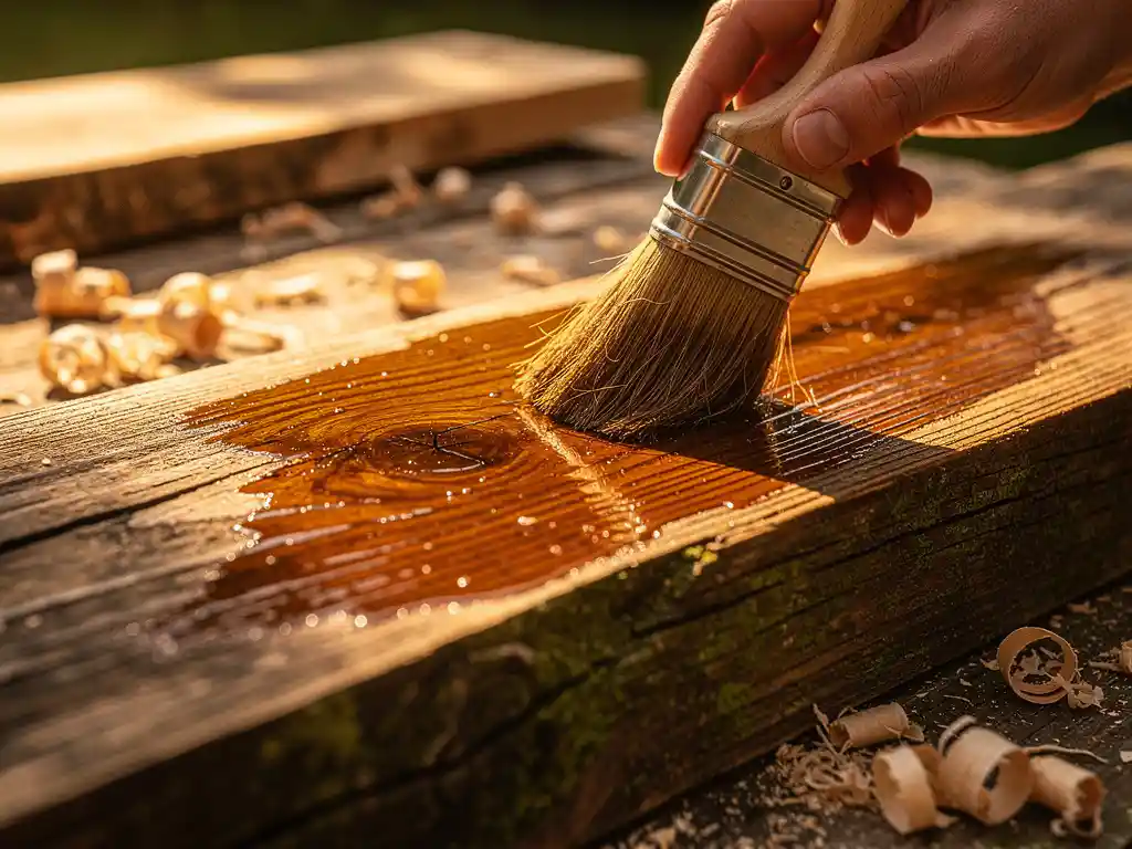 Verweerde eikenhouten plank ingesmeerd met amberkleurige houtbeschermingsolie, kwast drukt diep in de nerf op rustieke werkbank.