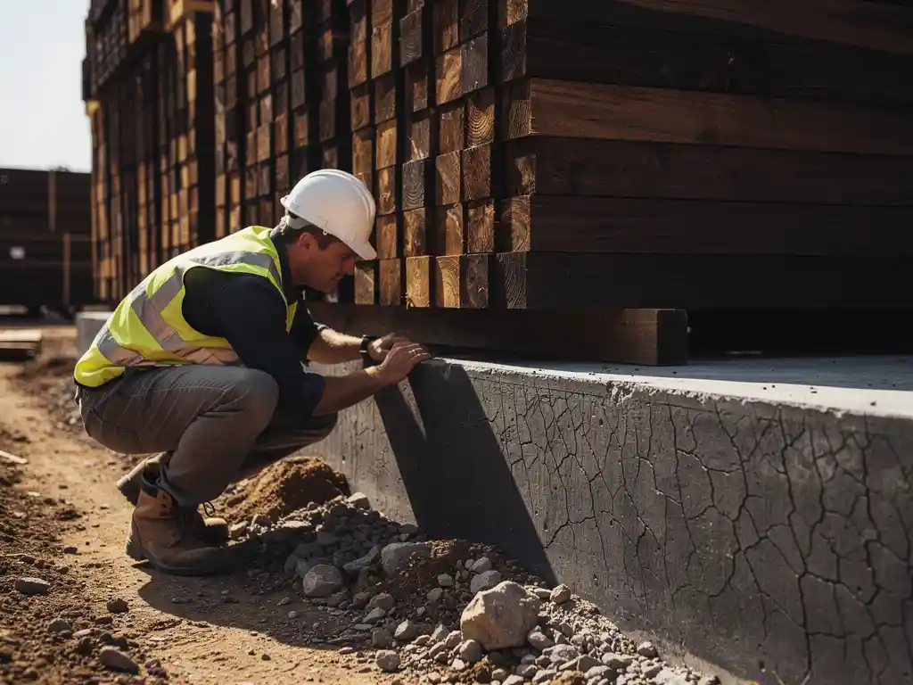 Constructeur inspecteert betonnen fundering met zichtbare scheuren, naast gestapelde tropische hardhouten balken op zandige ondergrond.