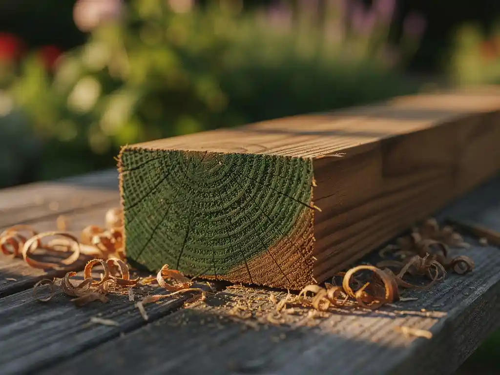 Dwarsdoorsnede van geïmpregneerd hout met groene verduurzamingsmiddel diep in de houtnerf, zaagsel op een verweerde werkbank in een tuin.