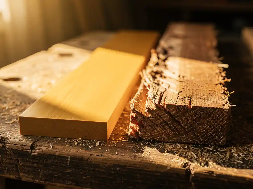 Glad geschaafd goudkleurig hout naast ruw gezaagd timmerhout op werkbank, met sterk contrast in oppervlaktetextuur en fijn zaagsel.