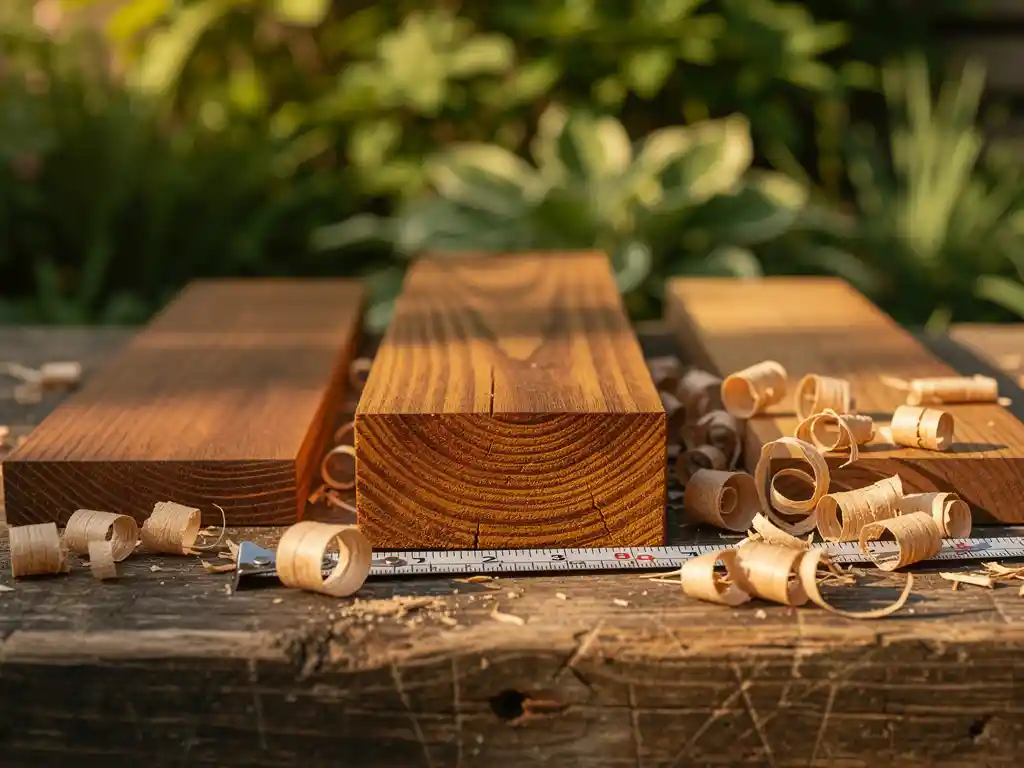 Hardhouten planken met gevarieerde houtnerf op een verweerde tuinwerkbank, met een vers doorgezaagde dwarsdoorsnede in diepe ambertinten en houtkrullen.