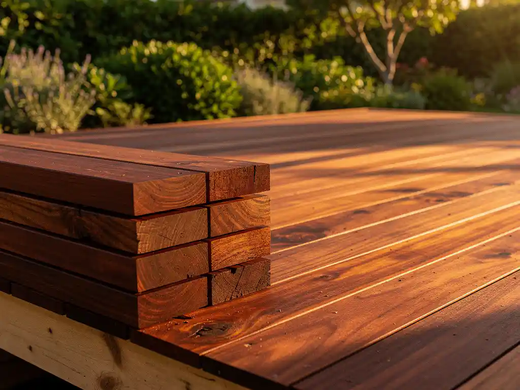 Hardhouten terras in aanbouw met roodbruine tropische planken, warm zonlicht op de houtnerf, weelderige groene tuin op de achtergrond.