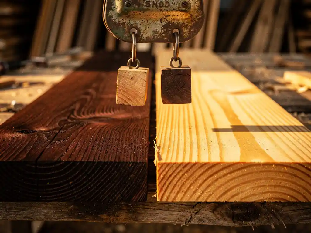Twee houten planken naast elkaar op een timmerwerf: donker tropisch hardhout en licht vurenhout, verlicht door warm middagzonlicht.