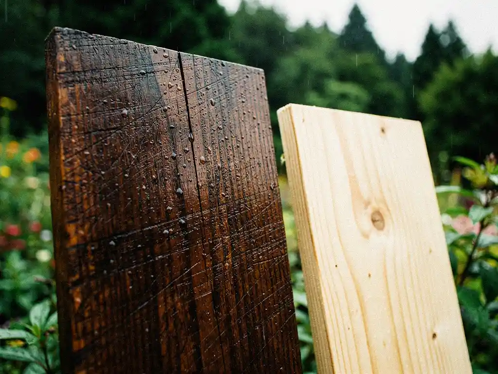 Verweerd hardhout planken buiten in de regen, waterdruppels op donker houtnerf, onbehandeld grenenhout ernaast, groene tuinplanten op achtergrond.