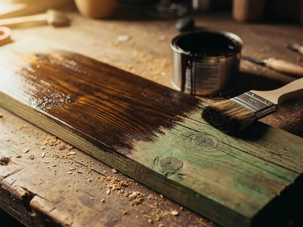 Geïmpregneerd groen hout half ingesmeerd met donkere houtbeits op een werkbank, met verfblik en kwast, zaagsel en warme amberkleurige belichting.