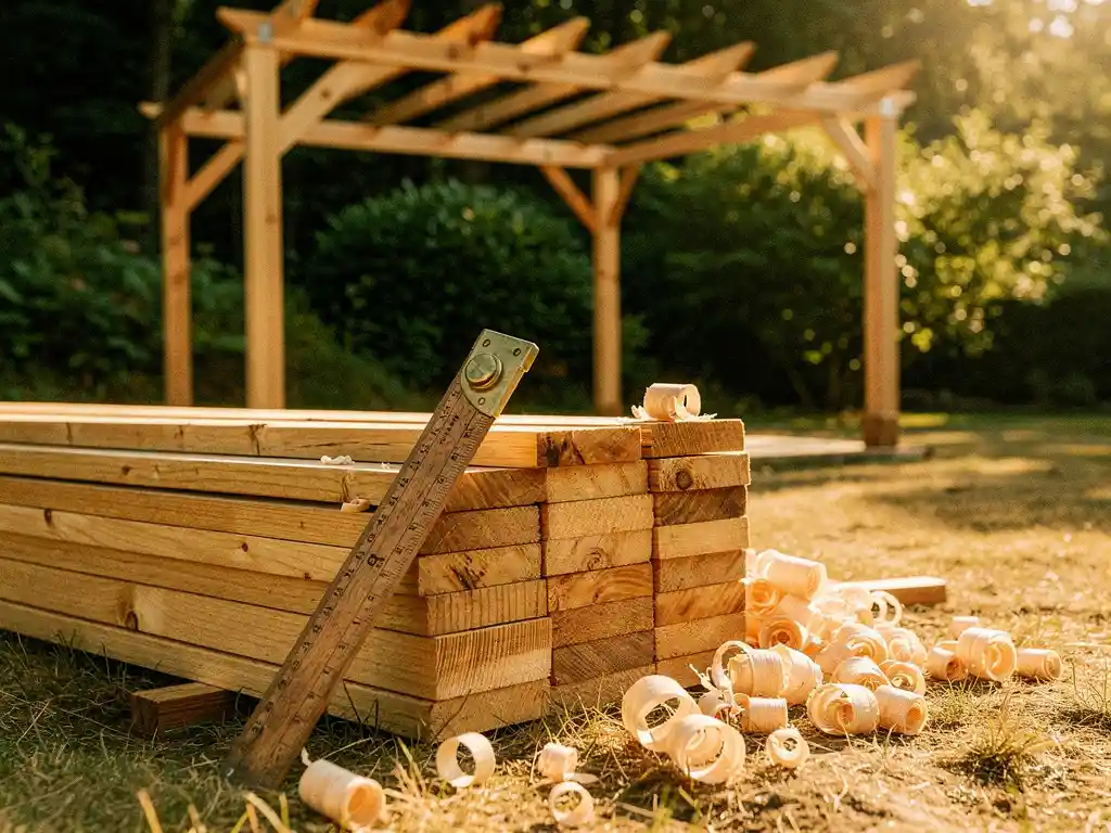 Ruw gezaagde houten planken naast een pergola in aanbouw, met een meetlint en houtsnippers op droog gras in een zonnige tuin.