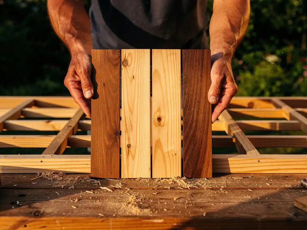 Verweerde handen van een timmerman die Douglas spar en hardhout planken vergelijken boven een pergola frame in aanbouw, warme amberkleurige houtnerven in middagzon.