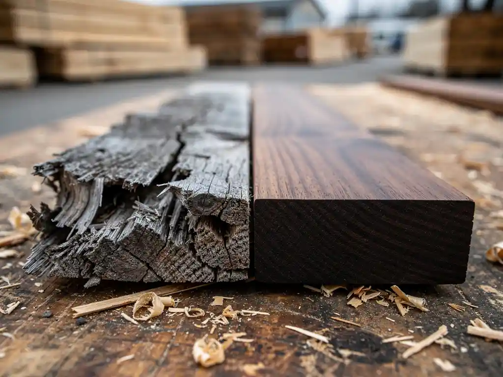 Twee houten planken naast elkaar: één vergrijd en gebarsten door verval, de andere donker hardhout glad en intact, op een verweerde werkbank.