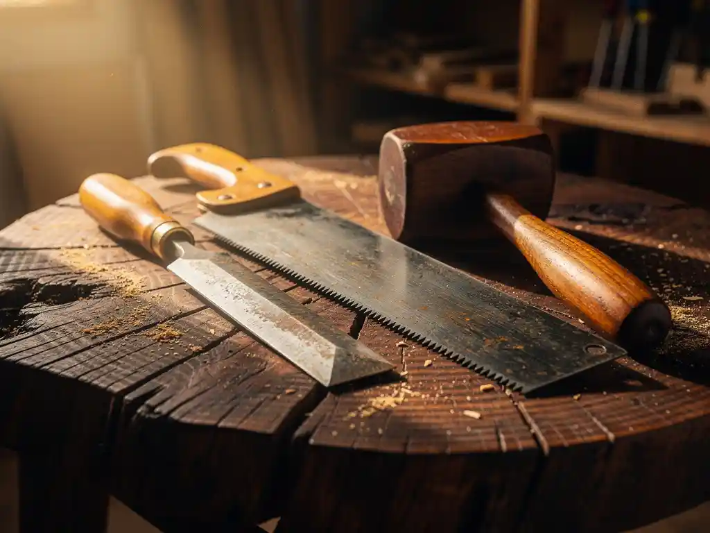 Houtbewerkingsgereedschap — handzaag, beitel en hamer — op een donkere hardhouten plank met zaagsel en warme werkplaatsverlichting.