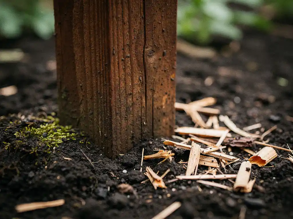 Behandelde houten paal in vochtige tuingrond, verweerde houtnerf zichtbaar met houtkrullen en mos rondom de voet.