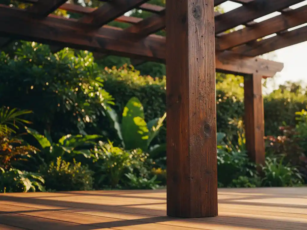 Houten pergola van donker hardhout met zichtbare houtnerf, omgeven door weelderig groen, warm middagzonlicht op het terras.