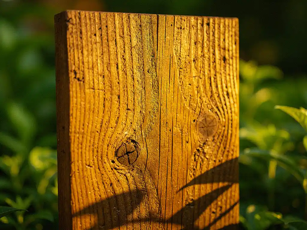 Verweerde hardhouten schutting met goudbruine houtnerf en natuurlijke knopen, verlicht door middagzon in een groene tuin.