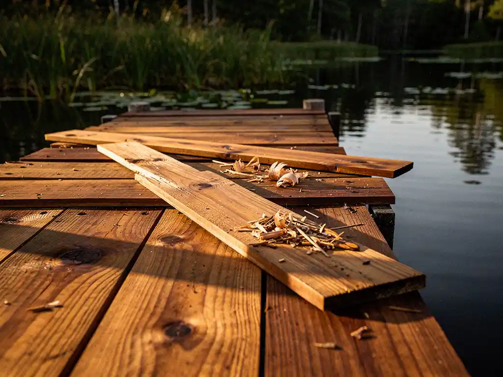 Verweerde hardhouten planken van een steiger boven kalm donker water, met zichtbare nerven, knopen en losse spaanders in warm middaglicht.
