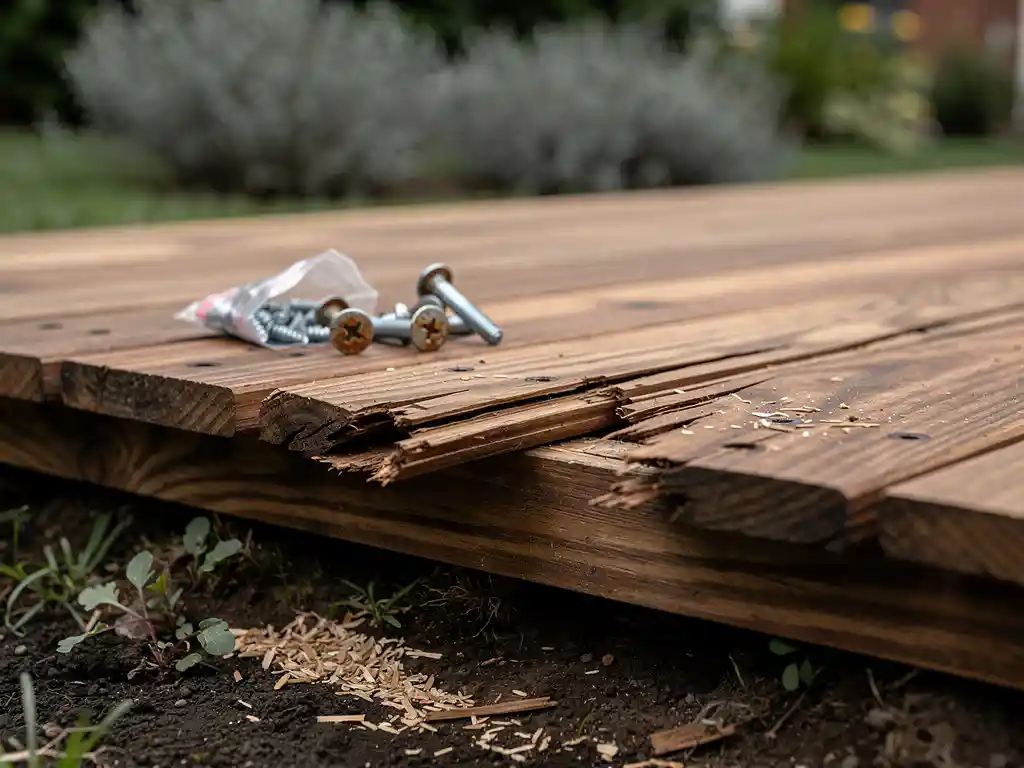 Verweerd houten terras in aanbouw met kromgetrokken planken, slecht gespatieerde verbindingen en roestende schroeven op vochtige grond.