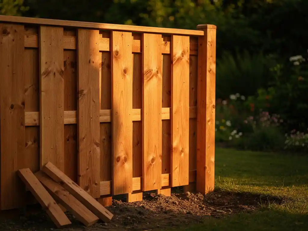 Nieuw gebouwde houten tuinschutting van warm eiken hardwood met zichtbare houtnerf, resthoutstukken aan de voet, groene beplanting op de achtergrond.