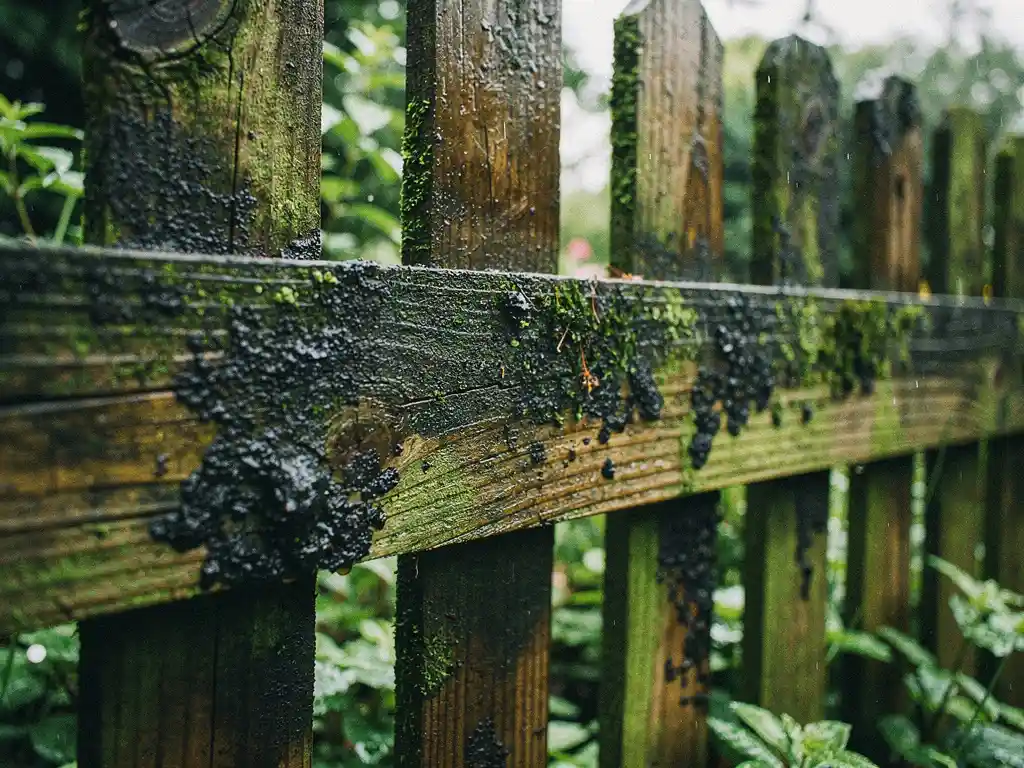 Verweerde houten tuinschutting met groene mosgroei en zwarte schimmelplekken op vochtig hout, weelderige tuin op de achtergrond.