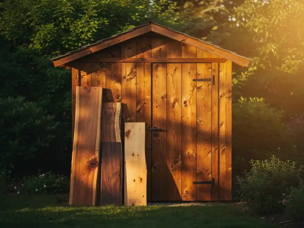 Rustieke houten tuinschuur omgeven door weelderig groen, met zichtbare houtnerf en uitgestalde houtsoorten in warm amberbruin middaglicht.