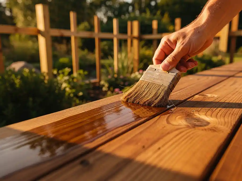 Houten dekplank behandeld met houtbeschermingsolie in amberbruine tint, kwast zichtbaar, tuin met half gebouwd hek op de achtergrond.