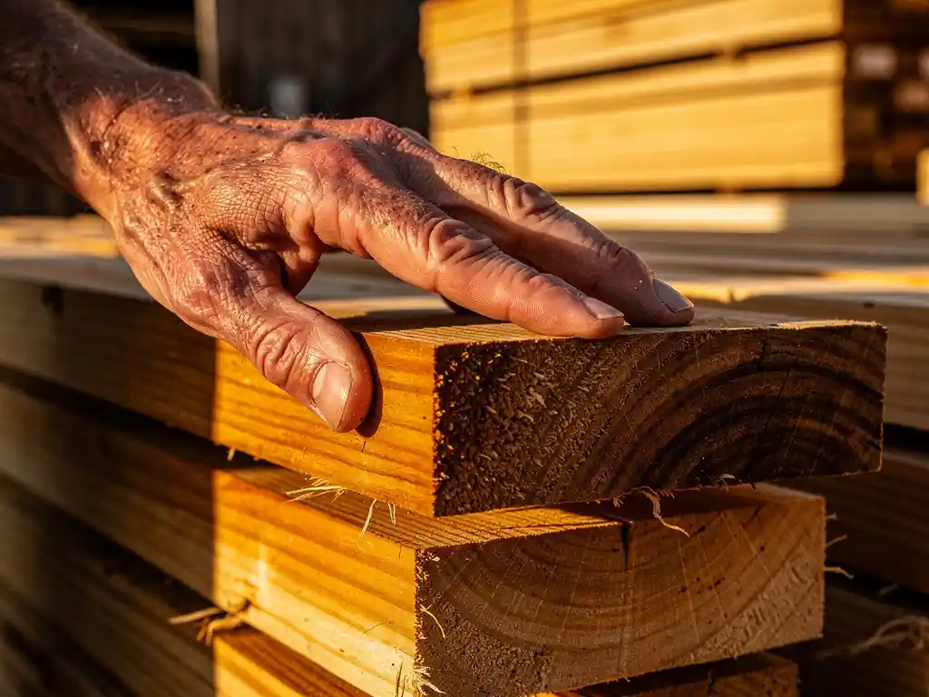 Verweerde hand van een vakman die over de nerf van een vers gezaagde hardhouten plank strijkt, warme amber- en mahonietonnen zichtbaar in het hout.
