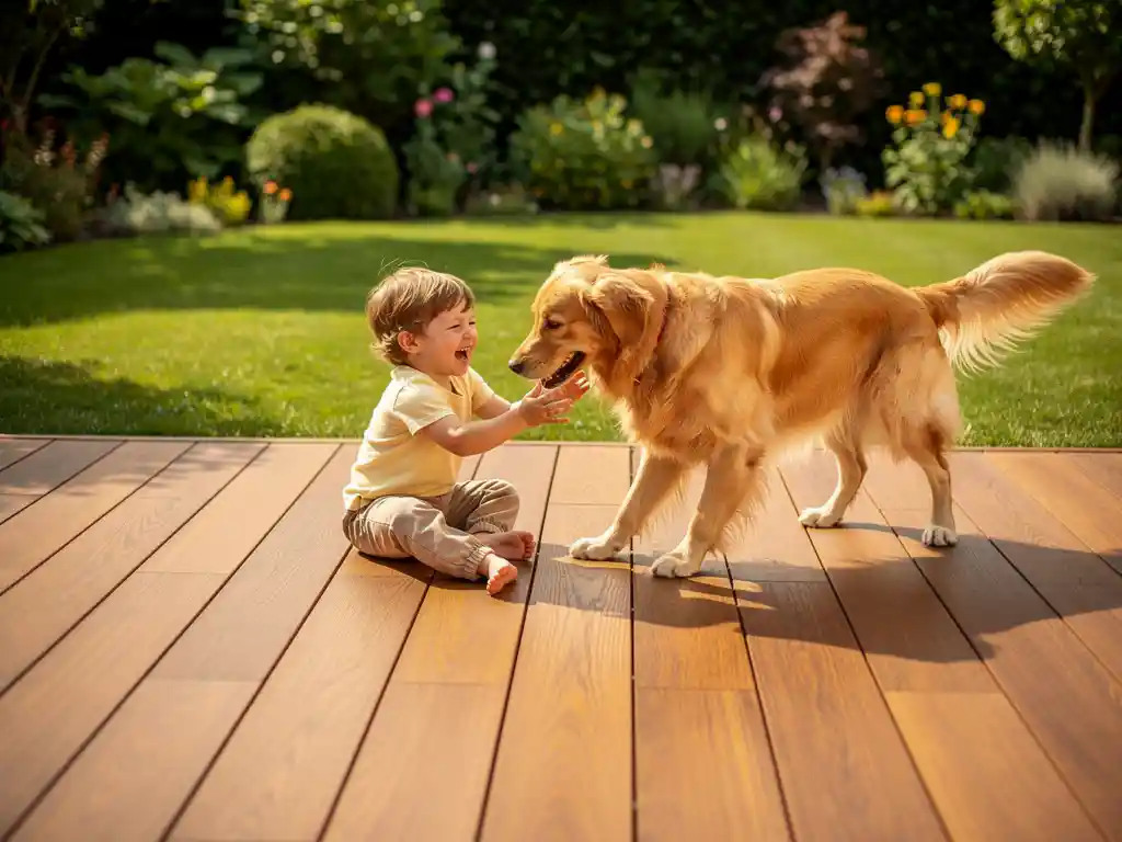 Kind en golden retriever spelen op een behandeld houten terras in een zonnige tuin, omringd door groen gras en planten.