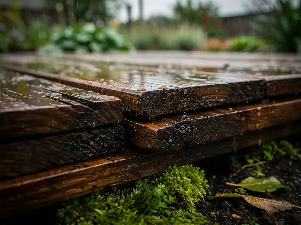 Verweerde hardhouten planken gestapeld buiten in een tuin, glanzend van regendruppels op het donkere houtnerf.