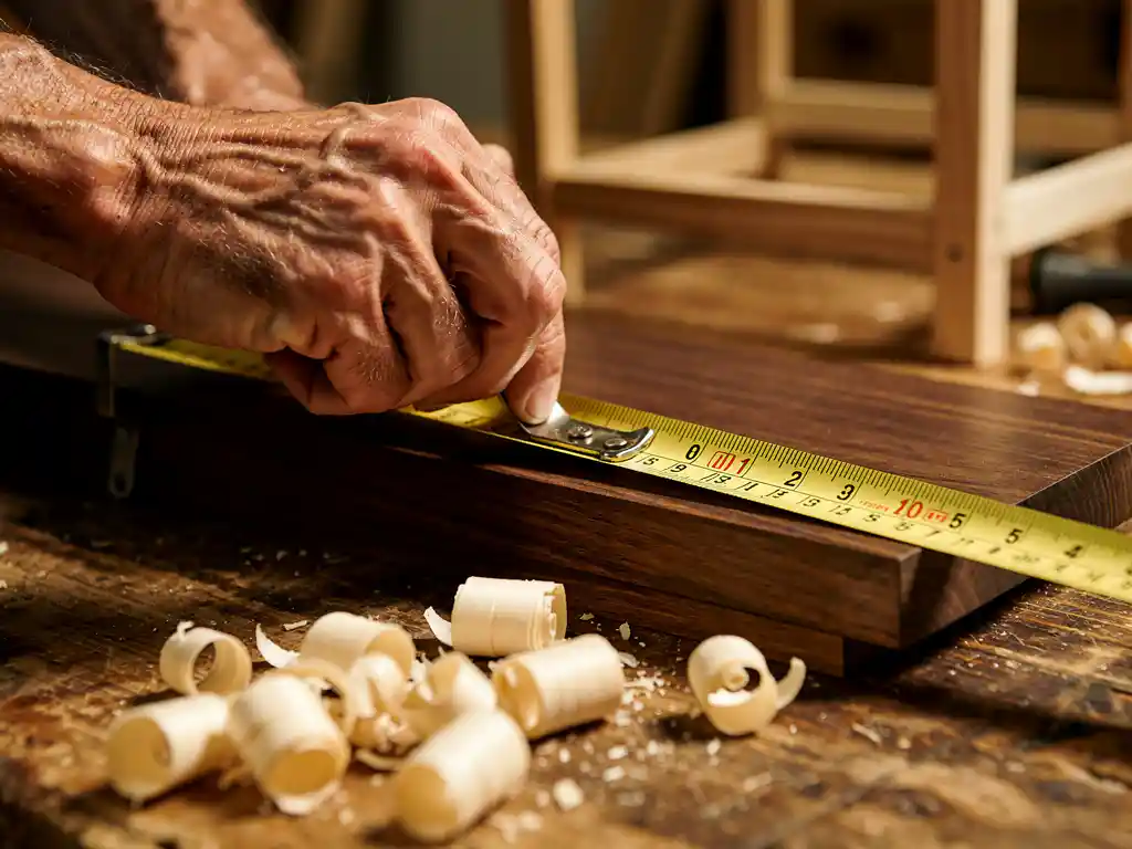 Verweerde handen van een vakman die een donker hardhouten plank opmeet met een messing rolmaat, houtsnippers op een versleten werkbank.