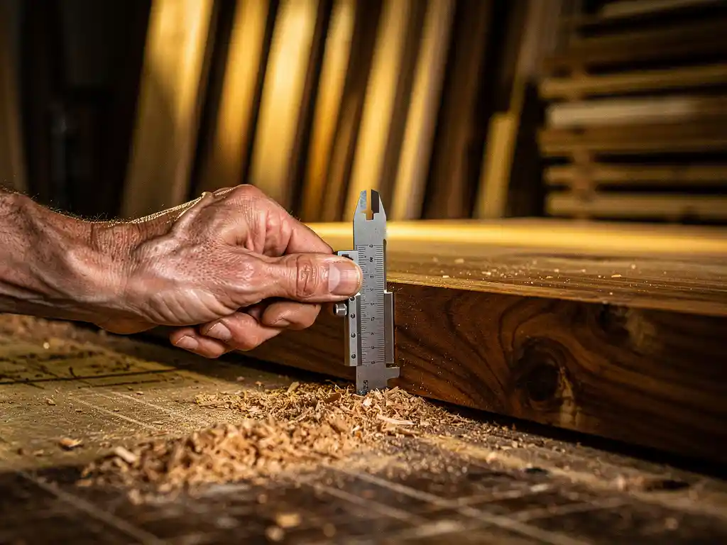 Verweerde hand van een vakman die een stalen schuifmaat tegen de dwarsdoorsnede van een hardhouten plank houdt, zaagsel op werkbank.