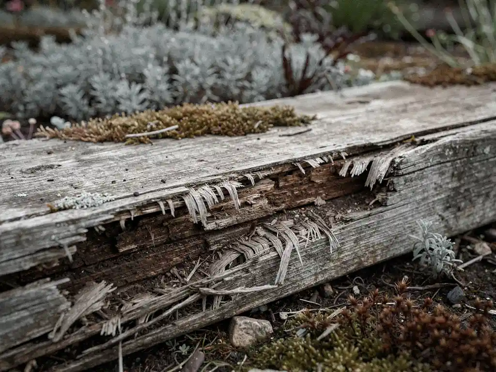 Verwerend houten plank met diepe rotting, scheuren en grijze verkleuring op een met mos bedekt terras, omgeven door tuinbegroeiing.