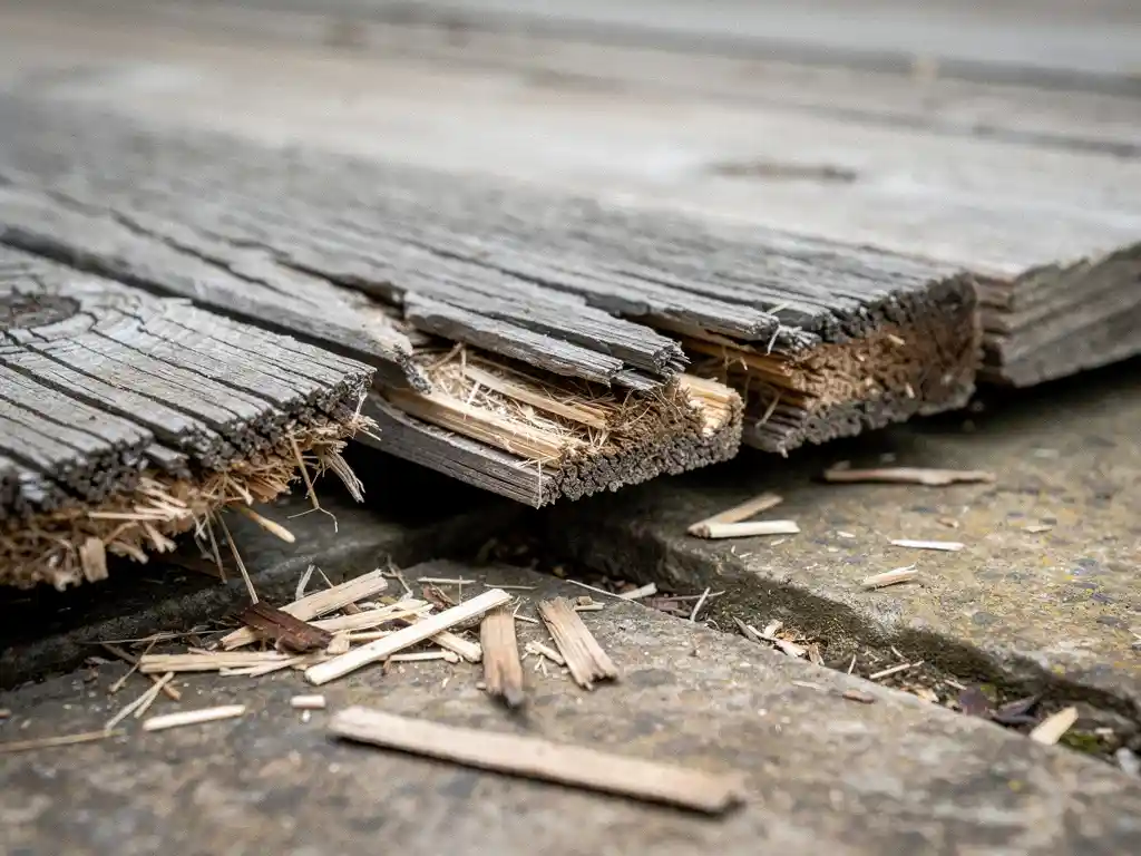 Verrot, gebarsten terrasplank van goedkoop naaldhout met splinters op verweerde stenen tegels eronder.
