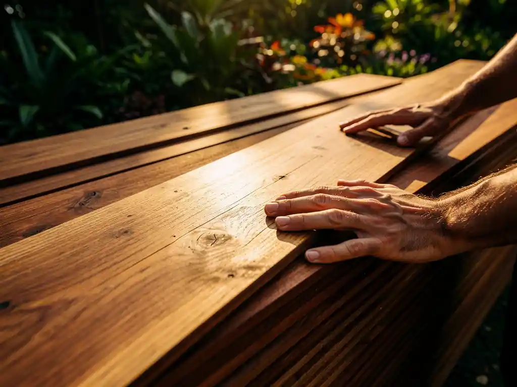 Ambachtsman inspecteert verweerde hardhout plank, omringd door gestapelde tropische hardhouten planken in warme bruintinten, zachte tuinachtergrond.