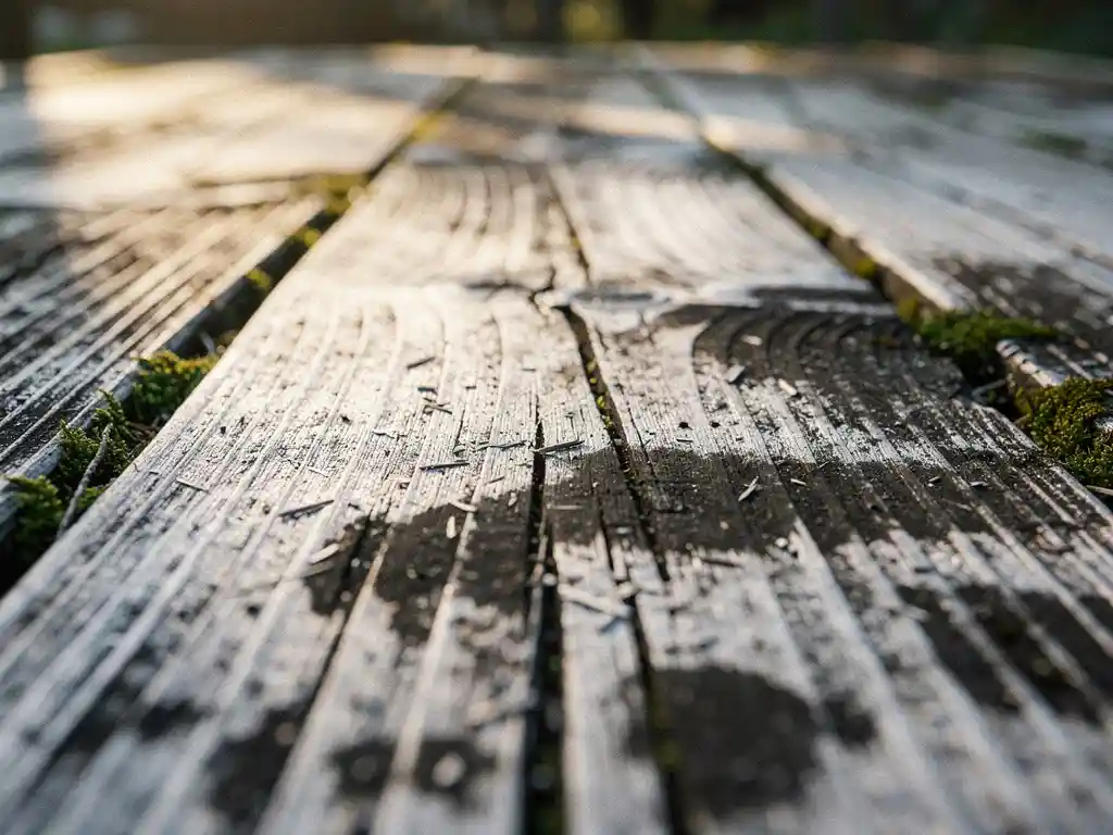 Verweerde houten tuindek met zilvergrijs verkleurde planken, zichtbare houtnerf, vochtplekken en groen mos langs de randen.