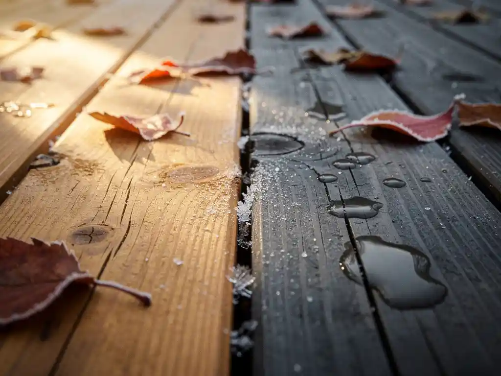 Verweerde hardhouten dekplank met diagonale spleet tussen droog en nat hout, omgeven door herfstbladeren en vorstkristallen.