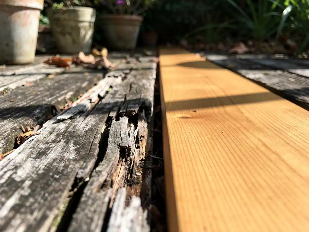 Verweerde grijze houten dekplanken naast een nieuw honing­gekleurd hardhouten plank, zichtbaar contrast in tuindek renovatie.