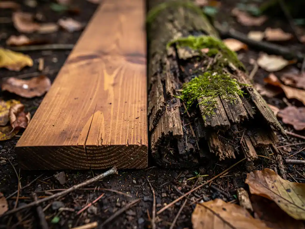 Verweerd houten plank half vers gezaagd, half verrot met mos en scheuren, liggend op vochtige bosbodem met gevallen bladeren.