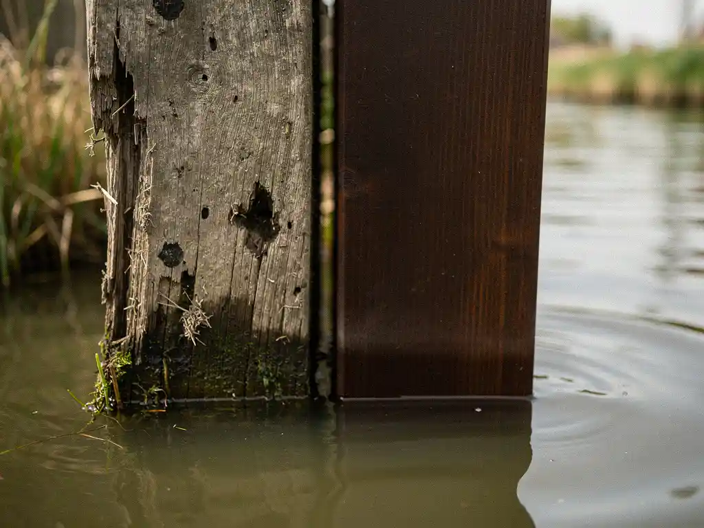 Verweringsschade op een hardhouten damwandplank bij de waterlijn van een Nederlandse gracht, naast een vers verduurzaamd tropisch hardhouten plank.
