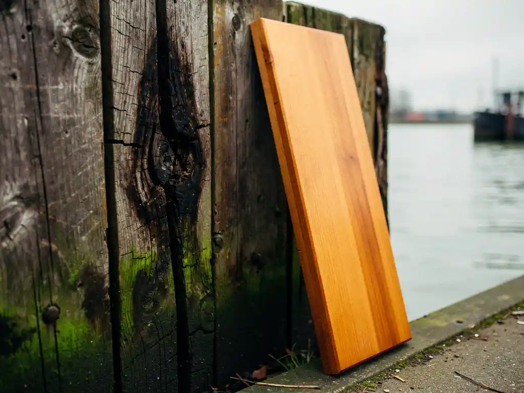 Verweerde hardhouten damwand met scheuren, rotplekken en mosverkleuring langs Nederlandse waterweg, naast een nieuw vervangingsplank.