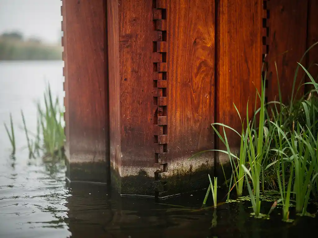Azobé damwand van verweerde roodbruine hardhouten planken langs een Nederlandse kanaaloever, met riet en donker water.