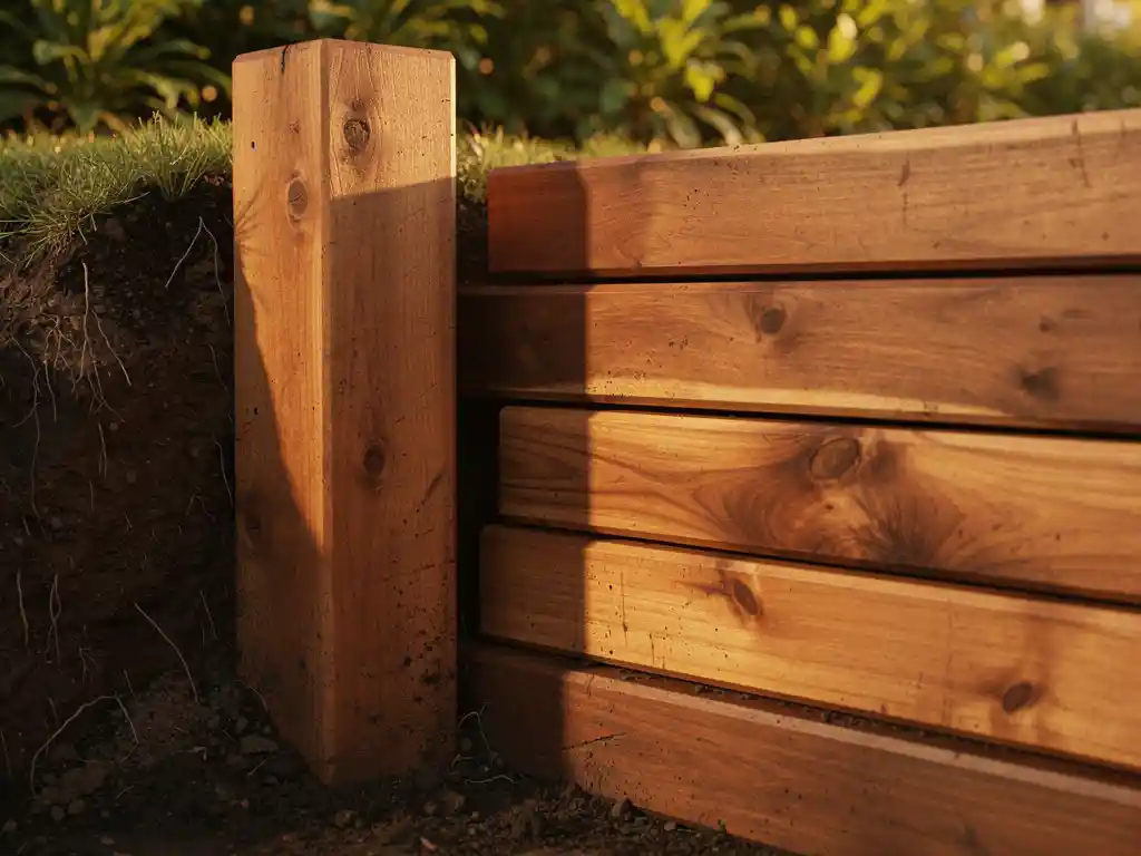 Hardhout damwandplank verticaal in vochtige grond naast gestapelde tropische hardhouten keerwand die een tuintalud verankert.