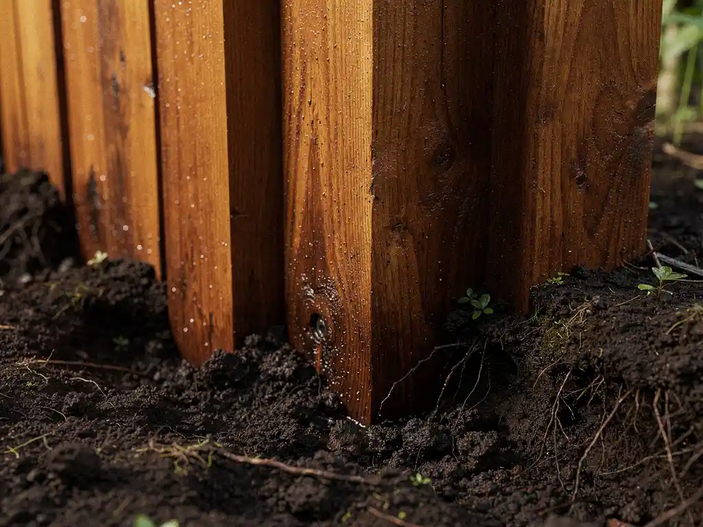 Hardhouten damwand van verticaal ingedreven planken in donkere vochtige grond, met zichtbare houtnerf en glisterende waterdruppels.