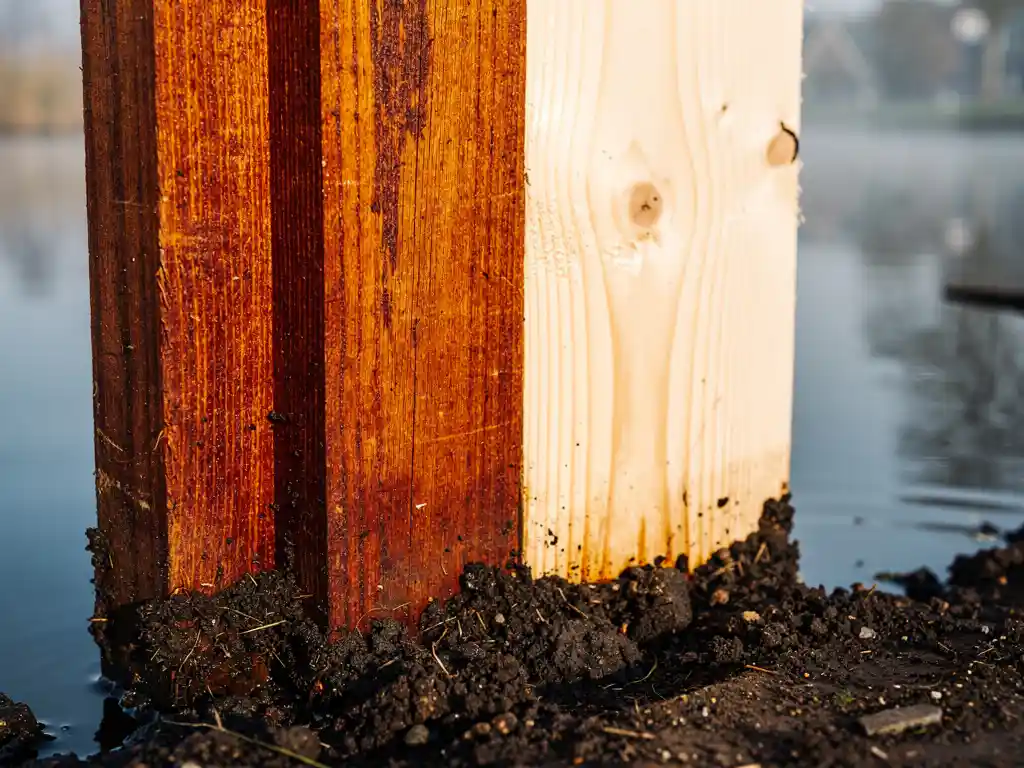 Hardhout en zachthout damwandplanken naast elkaar in natte grond langs een Nederlandse waterweg, warme roodbruine en crèmekleurige houtnerven.