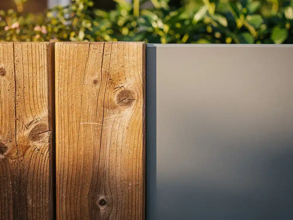 Verweerde douglas houten schutting naast gladde composiet schutting in Nederlandse tuin, detailopname van textuurverschil in warm daglicht.